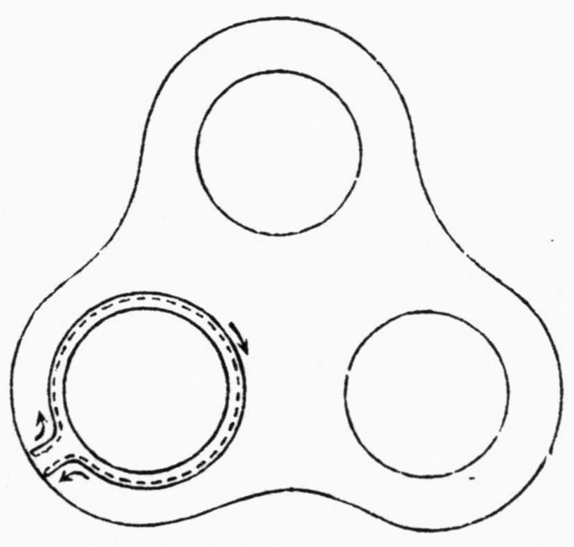 The same three-holed surface; the curve has been deformed to run closely around the lower-left hole as a double line with a dashed middle, joined to the outer rim at the left by a short doubled stem, with arrows marking opposite directions of traversal.