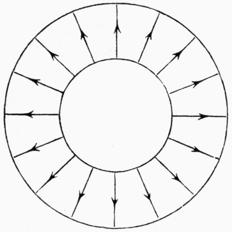 A ring (annulus) bounded by two concentric circles, crossed by sixteen radial line segments running from the inner to the outer circle, each with an arrowhead pointing outward from the inner circle toward the outer circle, showing the flow on the front side of the ring surface.