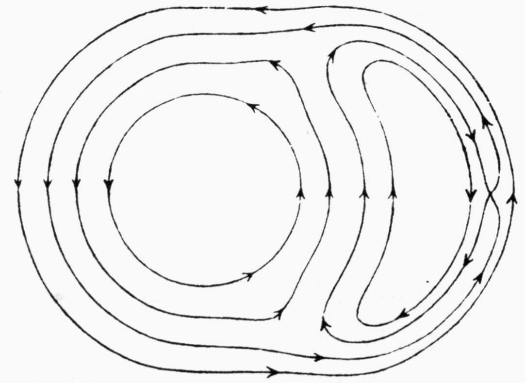 The same oval ring with a circular hole and a crescent-shaped bulge, now with closed arrowed flow curves circulating around the hole; on the right they wind around the crescent, and two curves cross each other in a point between the crescent and the outer contour.