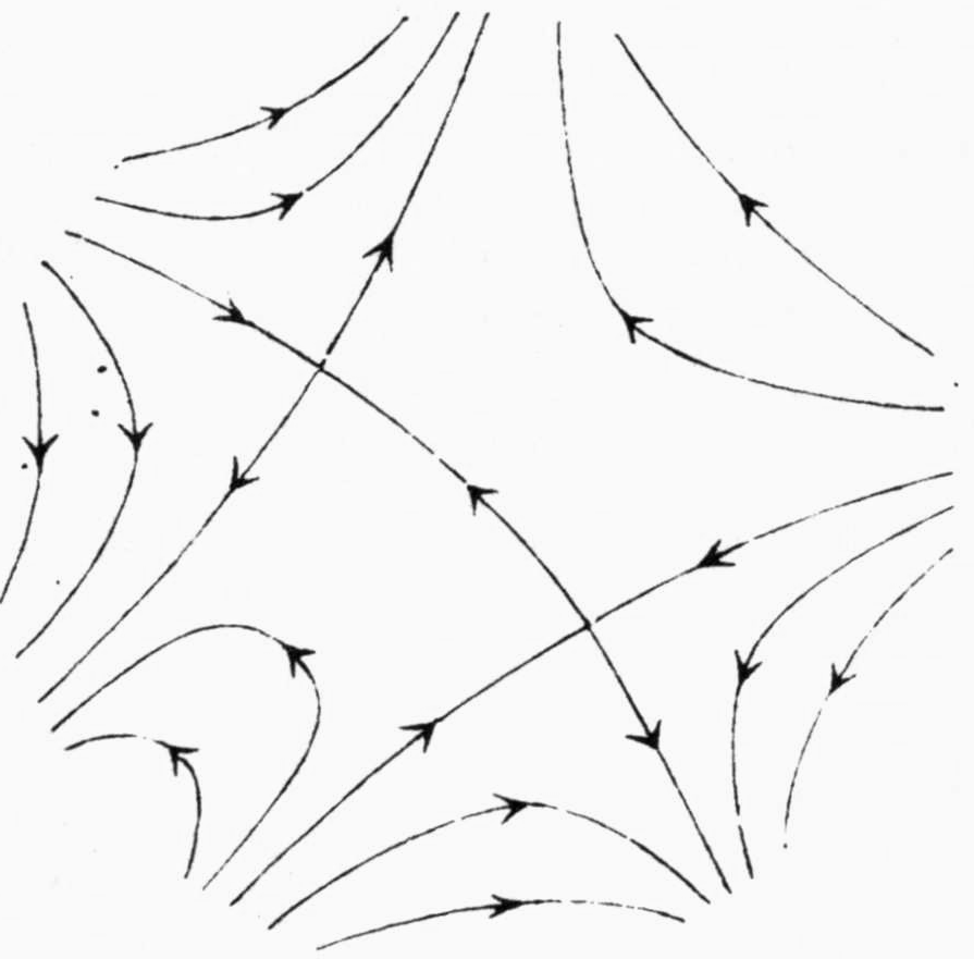 Streamlines only, for a flow with two simple crossing points close together: two pairs of streamlines cross at right angles at two nearby points, with arrowed hyperbola-like streamlines around them, a deformation of the pattern of Fig. 2.
