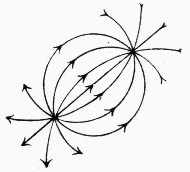 Streamlines of two nearby source points: arrowed curves run from a lower-left point to an upper-right point along a family of arcs, while further arrowed lines radiate outward from each point.