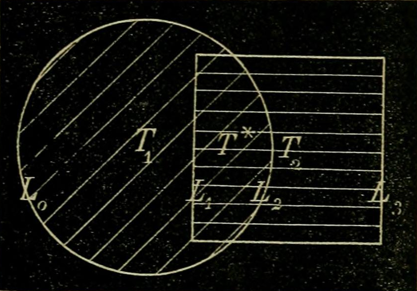 Schematische Figur zweier sich überlappender Bereiche T_1 (Kreis) und T_2 (Quadrat) mit Schnittbereich T* und Randstücken L_0, L_1, L_2, L_3.